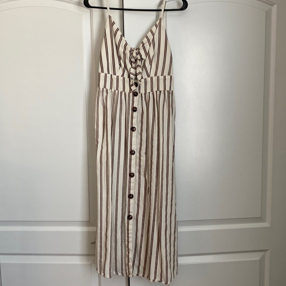 Pink and white striped spaghetti strap dress.